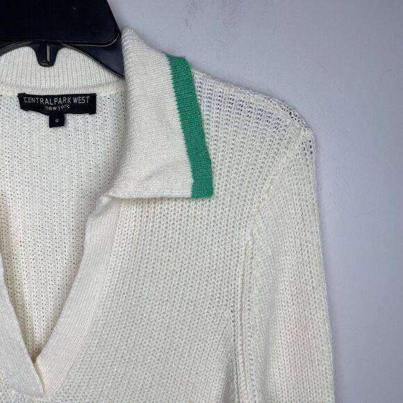 CENTRAL PARK WEST Sweater Women Small Green Stripe Ivory Pullover V-Neck Collar - Picture 4 of 16